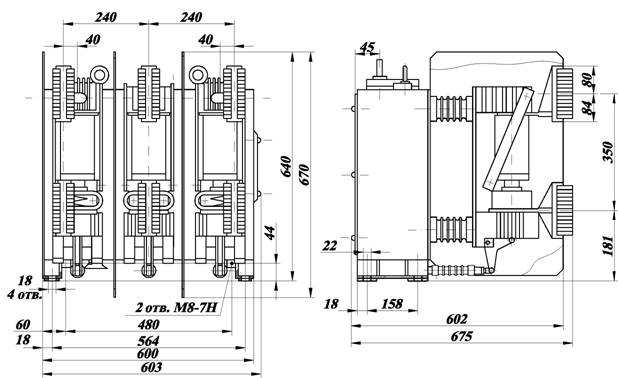 Габаритные и установочно-присоединительные размеры выключателя ВБЭ-10-31,5/2500 УХЛ2 для ячеек К-61 М стационарное исполнение